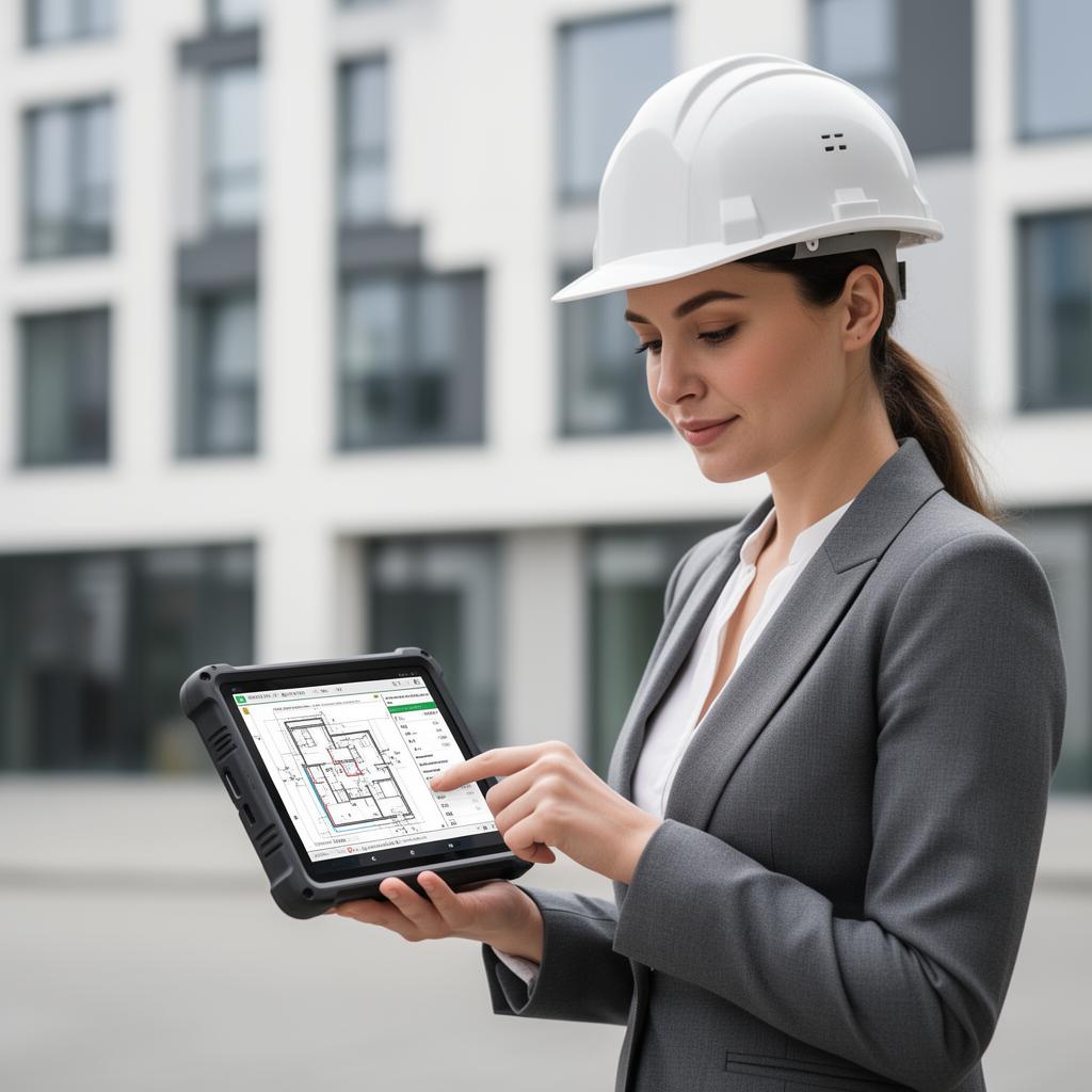 Vista Air Ingenieurin mit weißem Helm prüft Inspektionsdaten auf einem Tablet