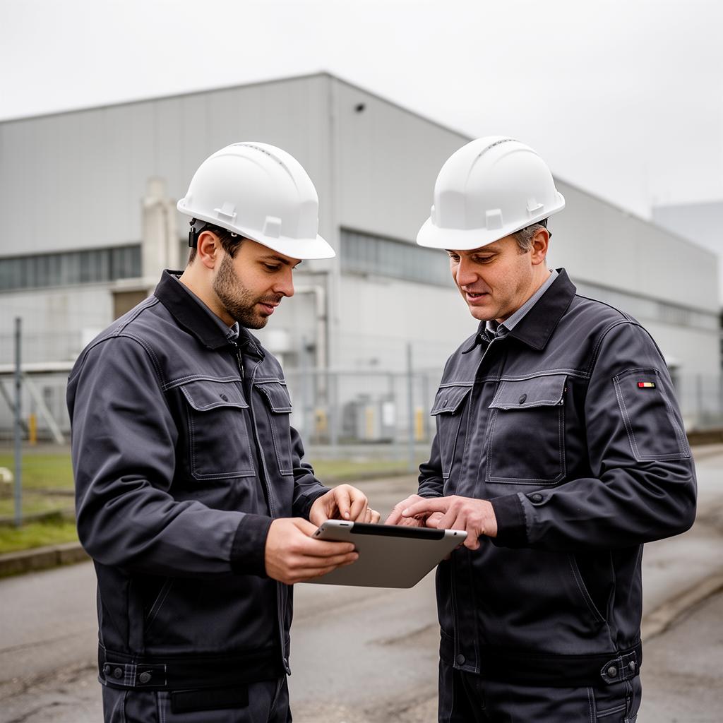 Vista Air Team mit weißen Helmen beim Sicherheitsbriefing vor einer Industriehalle